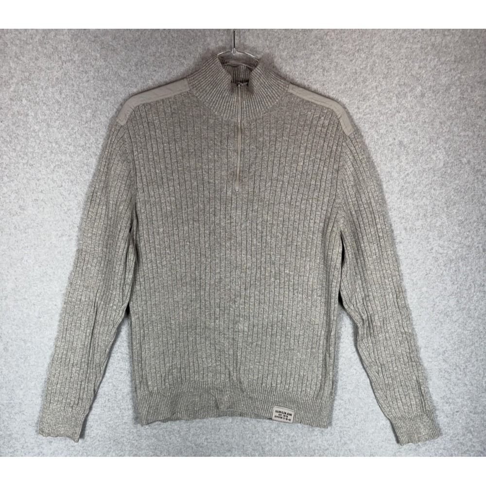 Calvin Klein Jeans Sweater Mens Medium Ribbed Half Zip Pullover Patch Knit